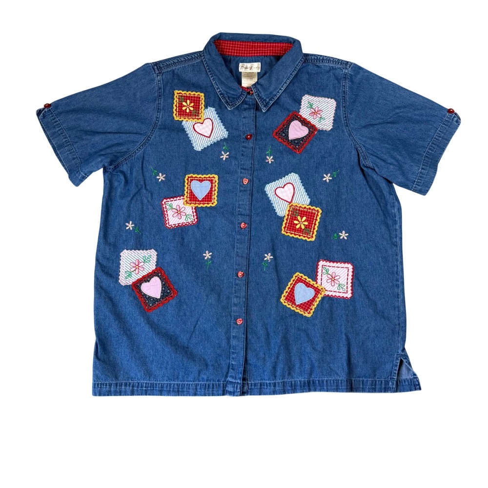 Bobbie Brooks Woman Plus Size Denim Shirt Patchwork Hearts Flowers 18W 20W